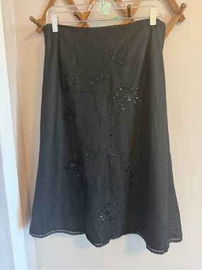Malcolm & Co Sequin Embroidered Whimsigoth Linen Midi Skirt Black 12